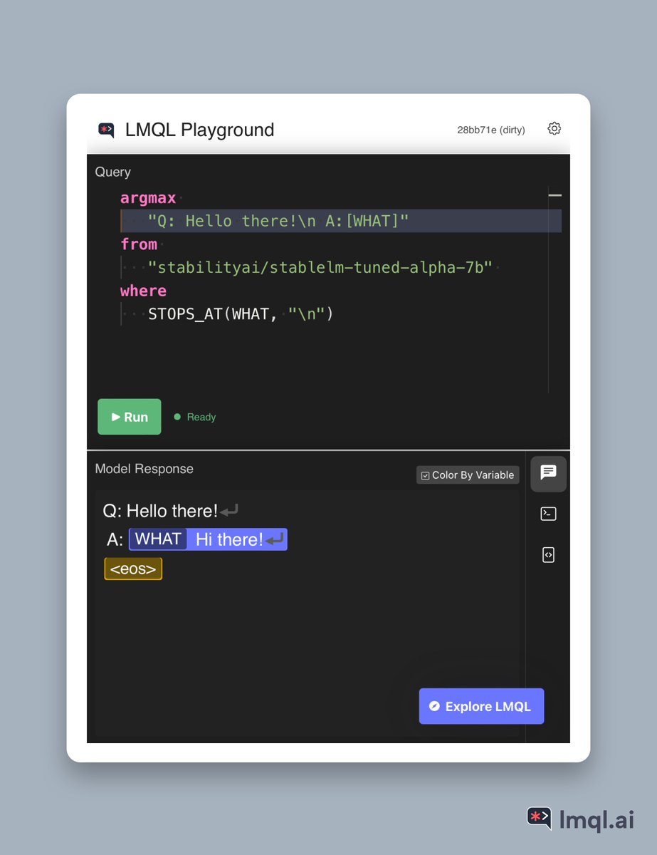 lmqllang's tweet photo. You can already use @StabilityAI's StableLM in @lmqllang, simply via @huggingface.
Welcome to the family, StableLM 🤗
#stablelm #lmql https://t.co/O1GifxNrOx
