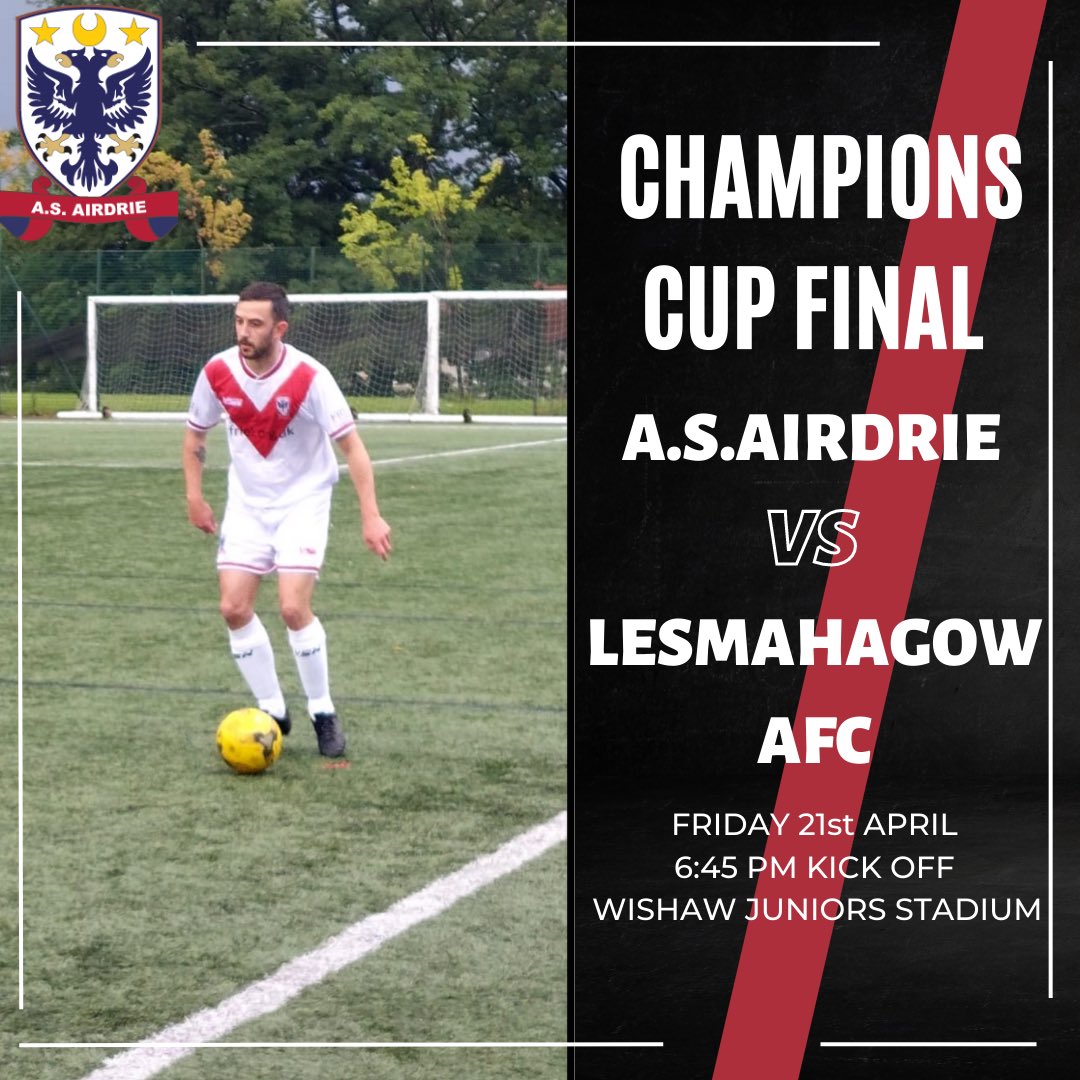 AS_Airdrie's tweet photo. 🚨 Champions Cup Final 🚨

It’s almost here 🏆⚽️🐝

🆚 @LesmahagowAfc 
📅 Friday 21st April
⏰ 6:45 PM
📍 @WishawFC 
🏆  @OfficialSMAFA Champions Cup
💷 Adults £5 Concessions £2 (pay at gate)

#ForzaAirdrie ♦️

@OfficialSMAFA https://t.co/EuWUo6V2Fz