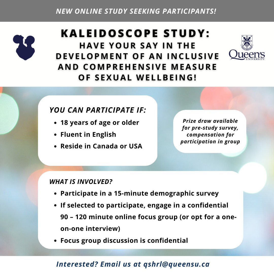 MeganHenkelman's tweet photo. Help Develop an #Inclusive and Comprehensive Measure of #SexualWellbeing with @QSexLab at @queensu!!
We are now recruiting participants of ANY #gender or #sexualorientation for the 2nd round of online focus groups &amp; one-on-one interviews running between May and June 2023. #psych https://t.co/4SQ4iQF1HZ