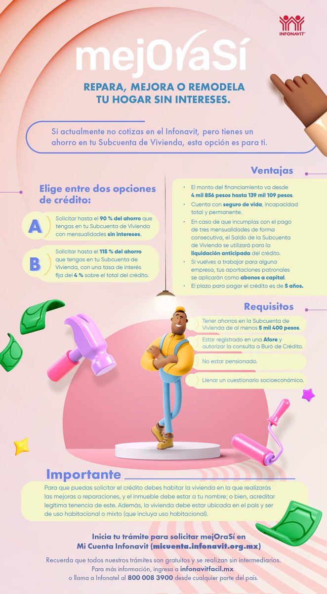 Infonavit's tweet photo. 🏡 Creamos una nueva opción para reparar, mejorar o remodelar tu vivienda. Conoce #mejOraSí de Infonavit. Más información 👉 https://t.co/gThxjsZV3u https://t.co/LIckSLnJKH