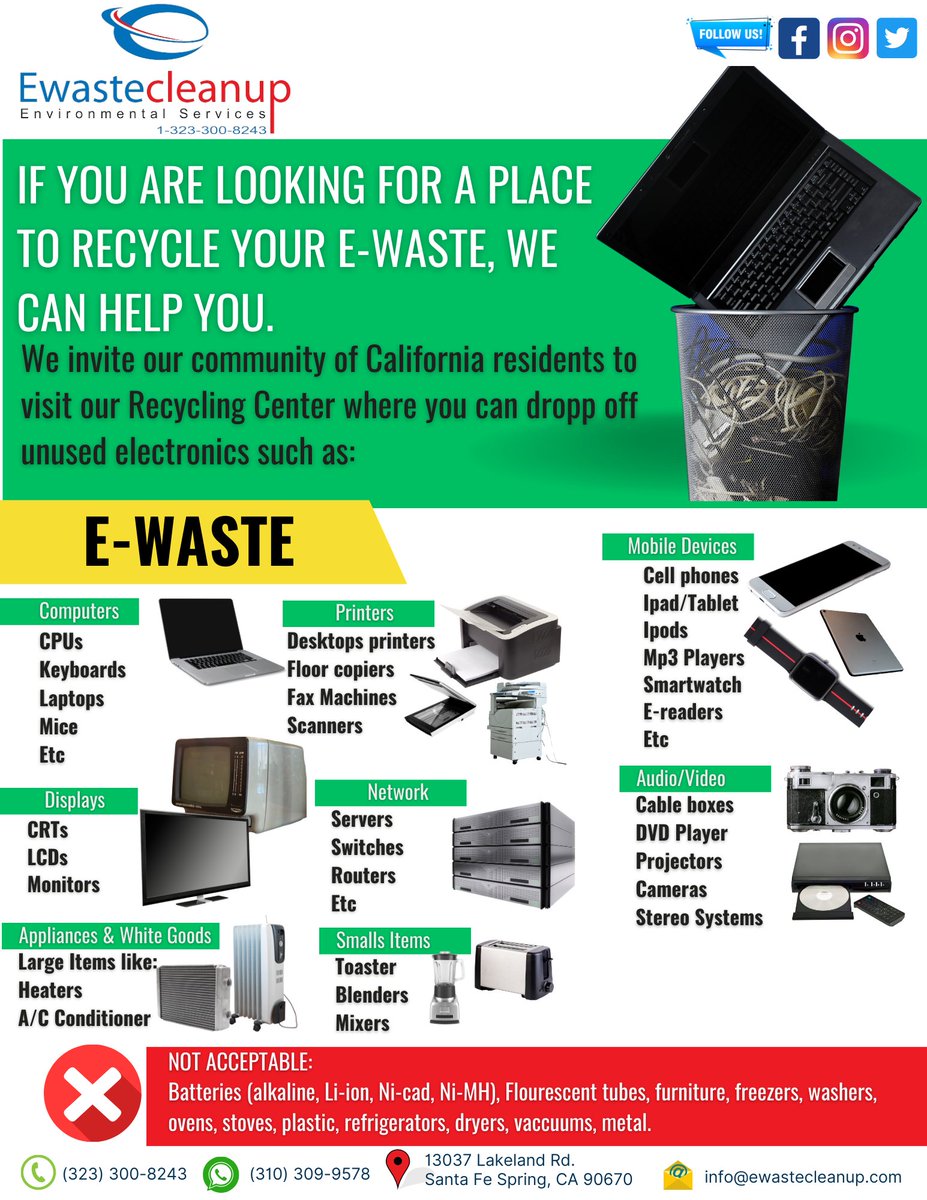 EwasteCleanup's tweet photo. FREE E-WASTE DROP OFF!
No appointment needed!
Visit us at 13037 Lakeland Rd. Santa Fe Spring, CA. 90670
Contact us:
info@ewastecleanup.com
https://t.co/LQyhON6DzJ
📲(323) 300-8243
Whatsapp⁨(310) 309-9578⁩
#california #ewaste #recyclingcenter https://t.co/aKKVSvvnqT