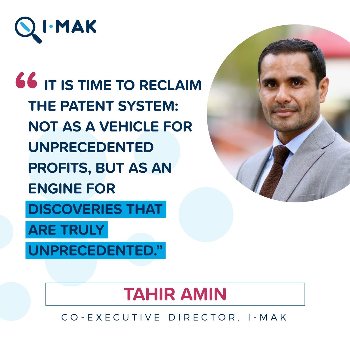 “It is time to reclaim the patent system: not as a vehicle for unprecedented profits, but as an engine for discoveries that are truly unprecedented.” 

- @realtahiramin