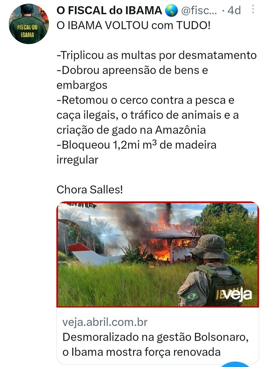 fiscaldoibama's tweet photo. "AI, O IBAMA TEM MAIS OQ FAZER"

TEMOS e estamos fazendo.

Os números não mentem: O IBAMA VOLTOU, combatendo TODO TIPO DE IRREGULARIDADE, sem dó e sem passar pano, mesmo com poucos servidores.

Quer saber de mais ações? Siga @ibamagov @mmeioambiente @fiscaldoibama

E siga a LEI. https://t.co/dGajso8bDp