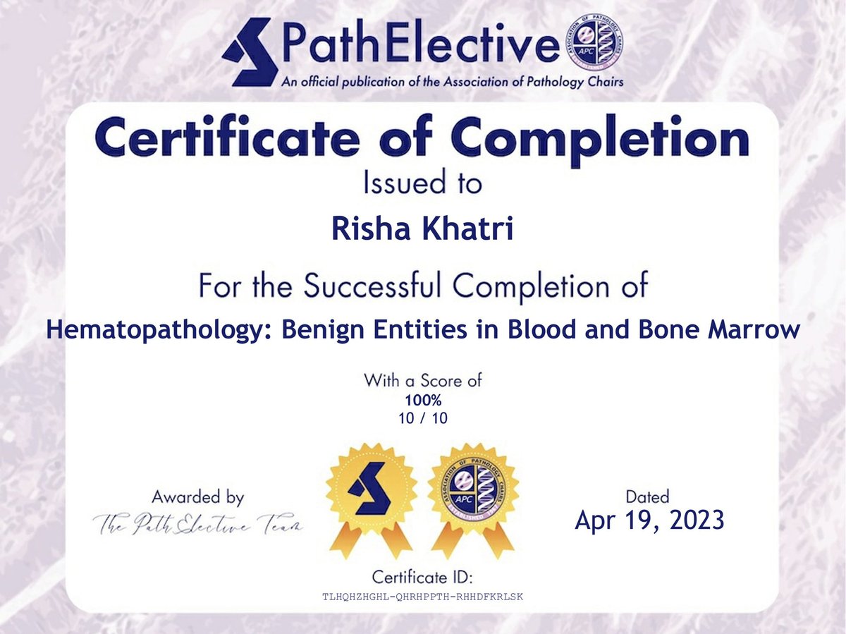 Risha Khatri, MD 🩺 (@rishakhatri) on Twitter photo I got my first official certificate from the Hematopathology Course Lesson 1 from <a href="/PathElective/">PathElective</a> ! The clear objectives at the start of each video made it easy to follow! Onto Lesson 2. 🤓🩸#PathTwitter #MedTwitter #IMG #Match2024 I got my first official certificate from the Hematopathology Course Lesson 1 from <a href="/PathElective/">PathElective</a> ! The clear objectives at the start of each video made it easy to follow! Onto Lesson 2. 🤓🩸#PathTwitter #MedTwitter #IMG #Match2024