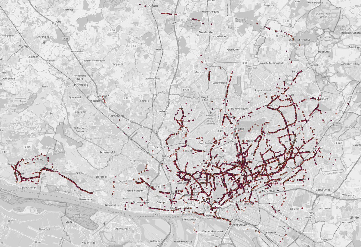 Fast 20.000 #OpenBikeSensor-Messpunkte von #Überholabstand #KFZ zu #Fahrrad in #Hamburg.
Genau 50% der Werte liegen unter 1,50m.
