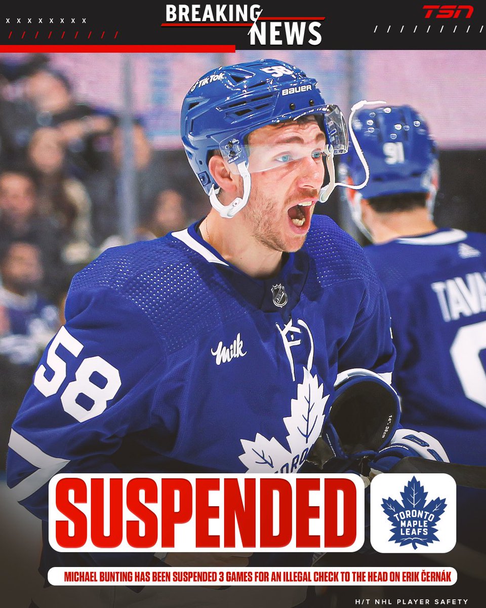 TSN_Sports's tweet photo. Michael Bunting gets three games. Thoughts on the suspension? 🤔 https://t.co/22FVXmMq61