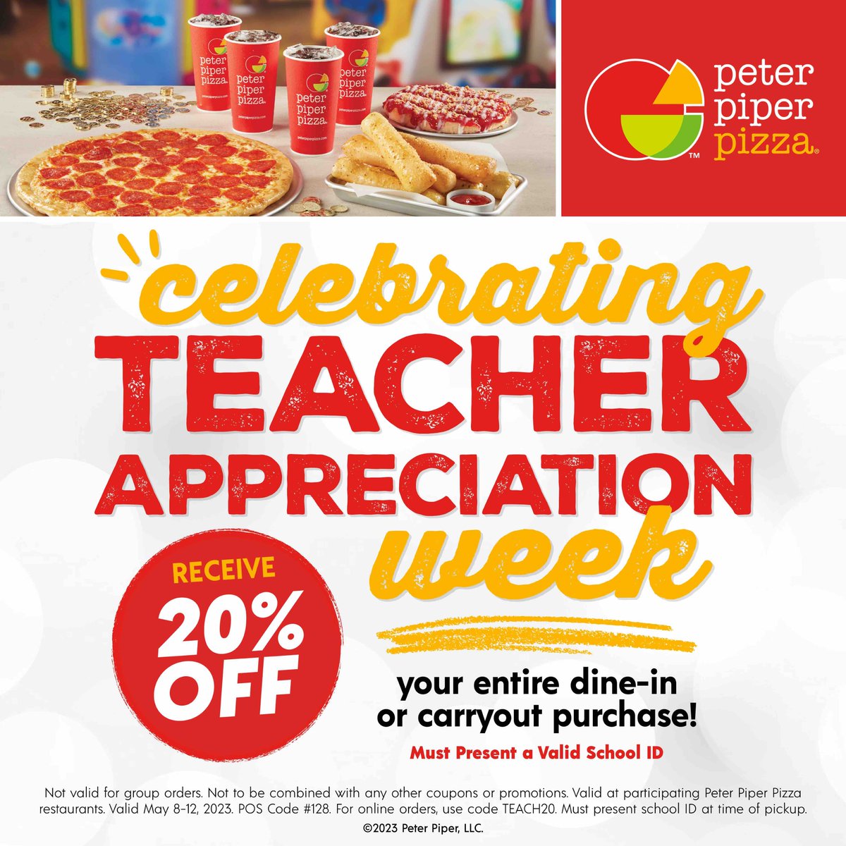 We 🫶 Teachers!  

In honor of Teacher Appreciation Week (May 8 - 12), please enjoy 20% off your entire order starting TODAY at your local Peter Piper Pizza in #ElPaso &amp; #LasCruces 😊