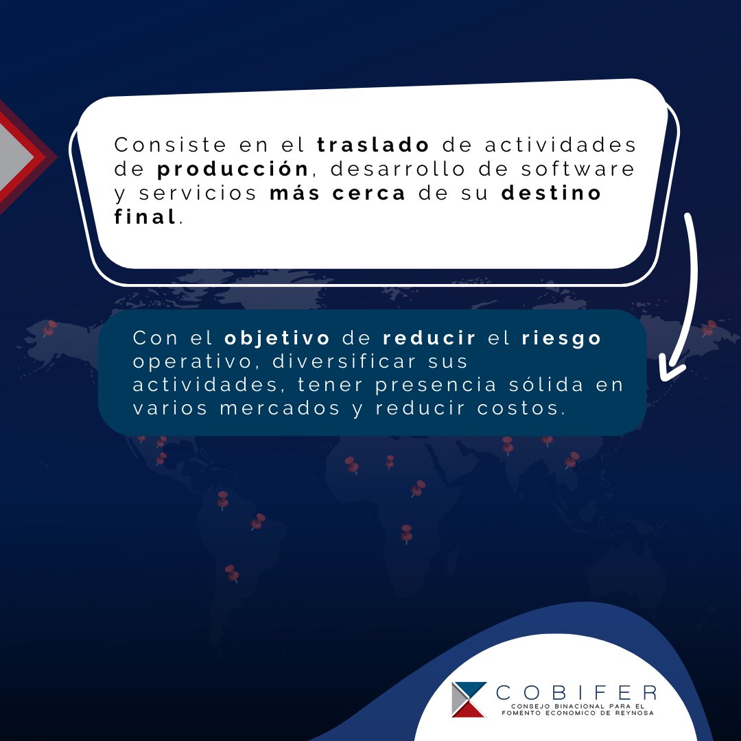 CobiferR's tweet photo. "El #Nearshoring consiste en trasladar actividades de producción más cerca de su destino final para reducir costos y diversificar actividades. 📷#México es atractivo para esta práctica gracias a su ubicación, su pertenencia al T-MEC, entre otras ventajas. https://t.co/4Ea20cZxsb