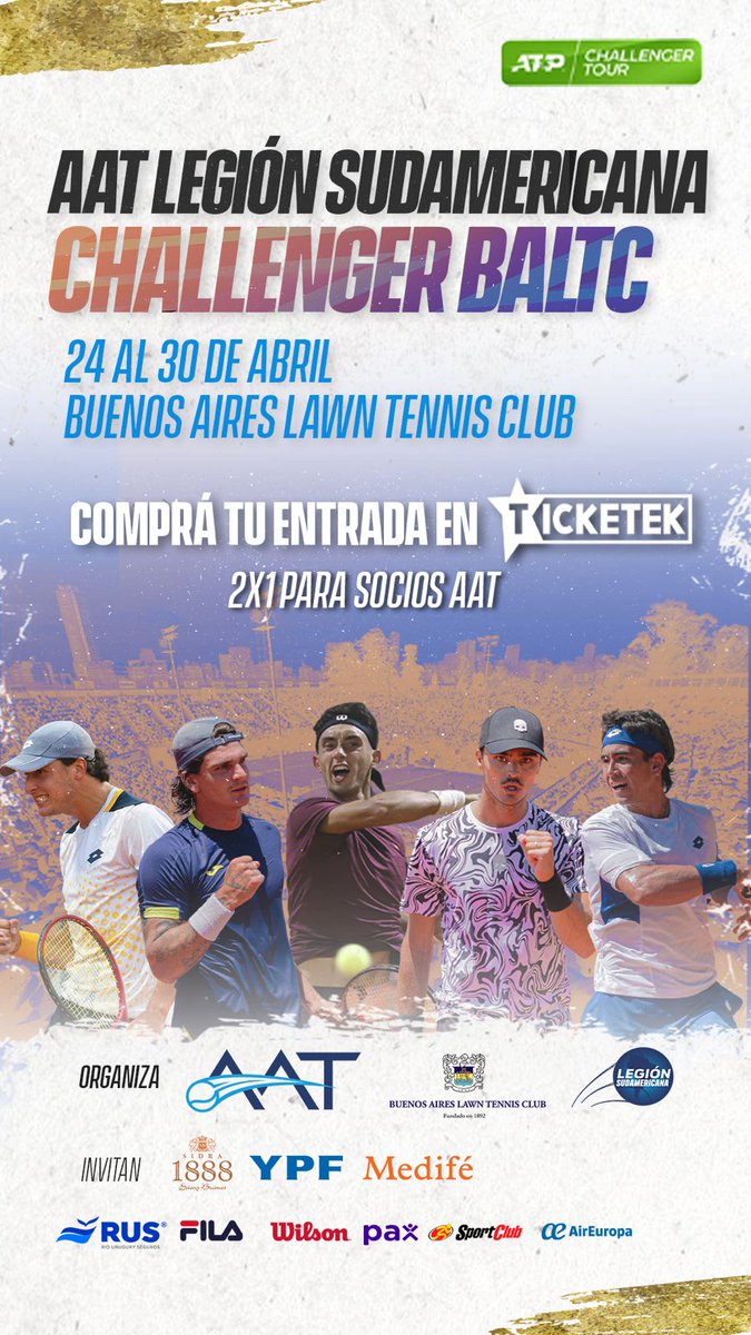 QuiqueCano's tweet photo. El próximo lunes comienza el Challenger #LegionSudamericana, en el #BALTC, organizadonpor la @aat.
Las entradas están accesibles y es una buena oportunidad para ver buen tenis.
Si buscan entradas, las pueden adquirir en este link que les dejo👇
https://t.co/qH0OsNMT9h https://t.co/pJRLoFMZ06