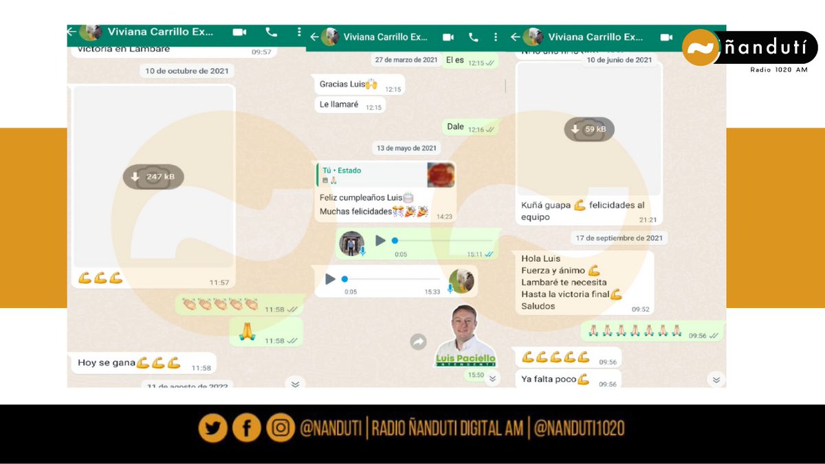 nanduti's tweet photo. 📲 @luipaciello desmiente con mensajes a Viviana Carrillo

La misma dijo a la #1020AM que no se relacionaba con el yerno de Lugo.

Sin embargo, Paciello remitió las capturas de pantalla que en el 2021 conversaban en buenos términos. "Nunca gua'u habló ni trató conmigo", dijo. https://t.co/RHCLtsR5DY