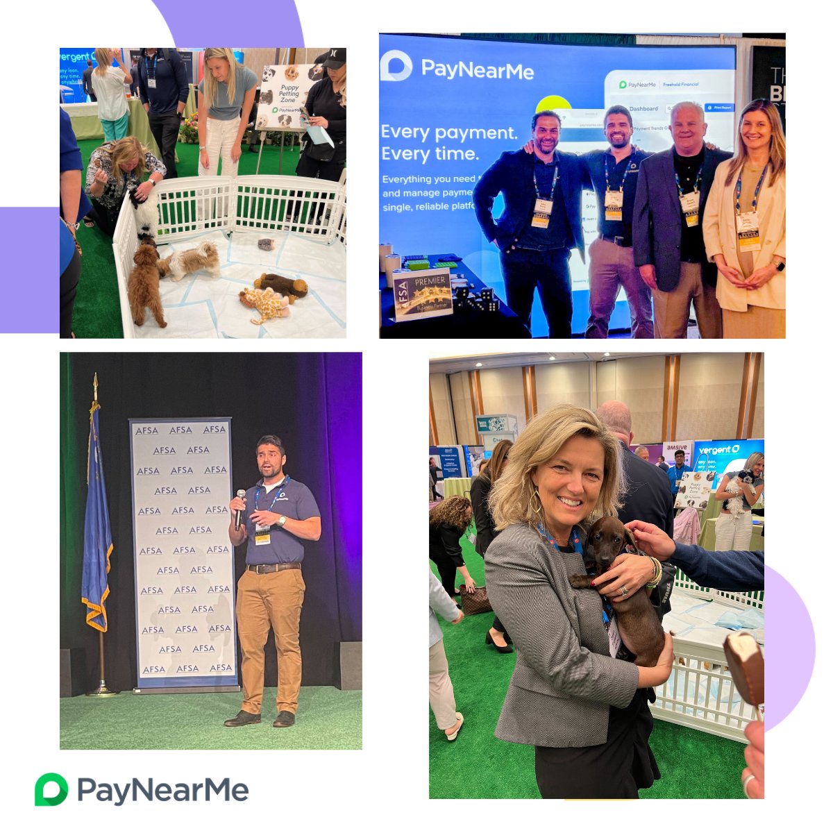 PayNearMe's tweet image. We had a great time today at the @AFSA_DC Independents Conference &amp;amp; Expo! How can you resist taking a break at a Puppy Petting Zone?! 🐶

#AFSAMeet