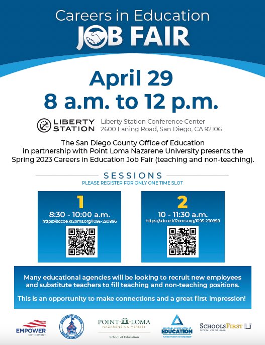 PLNUSchoolofEd's tweet photo. Check out the flyer to learn about SDCOE Job Fair! It's happening next Saturday, April 29th at 8 am. Please register by scanning the code on the flyer! https://t.co/E76YrleU6C
