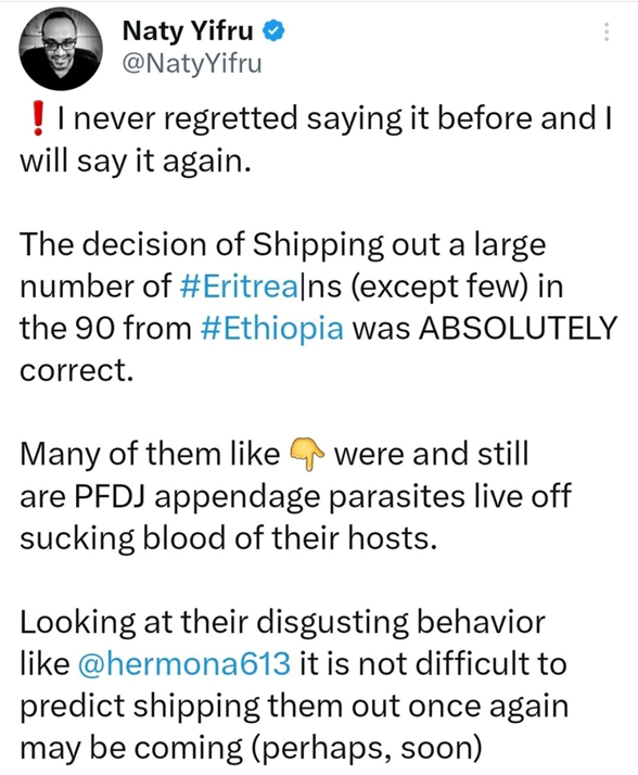tykahsay's tweet photo. What is with this evil, inhuman comment?

This guy's comment is about my parent's deportation, where #TPLF destroyed their 30 yrs long family life with over 100,000 innocent Eritreans.

No country in the history of humanity deported over 100,000 people just because of their identity.

Why is a disgraceful malicious person have access to Twitter beyond me?