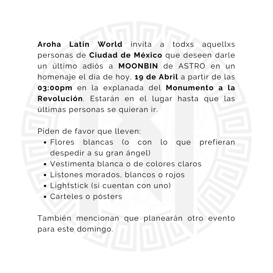 mexbebezone's tweet photo. 📢 INFO

Monbebe y Aroha. Te compartimos información sobre el homenaje a #MOONBIN en Ciudad de México que se está llevando a cabo en estos momentos.

Arohas, les deseamos mucha fuerza y les extendemos nuestro más sentido pésame nuevamente.

Cr. @/arohalatinworld en IG https://t.co/xDvgOPRU5r
