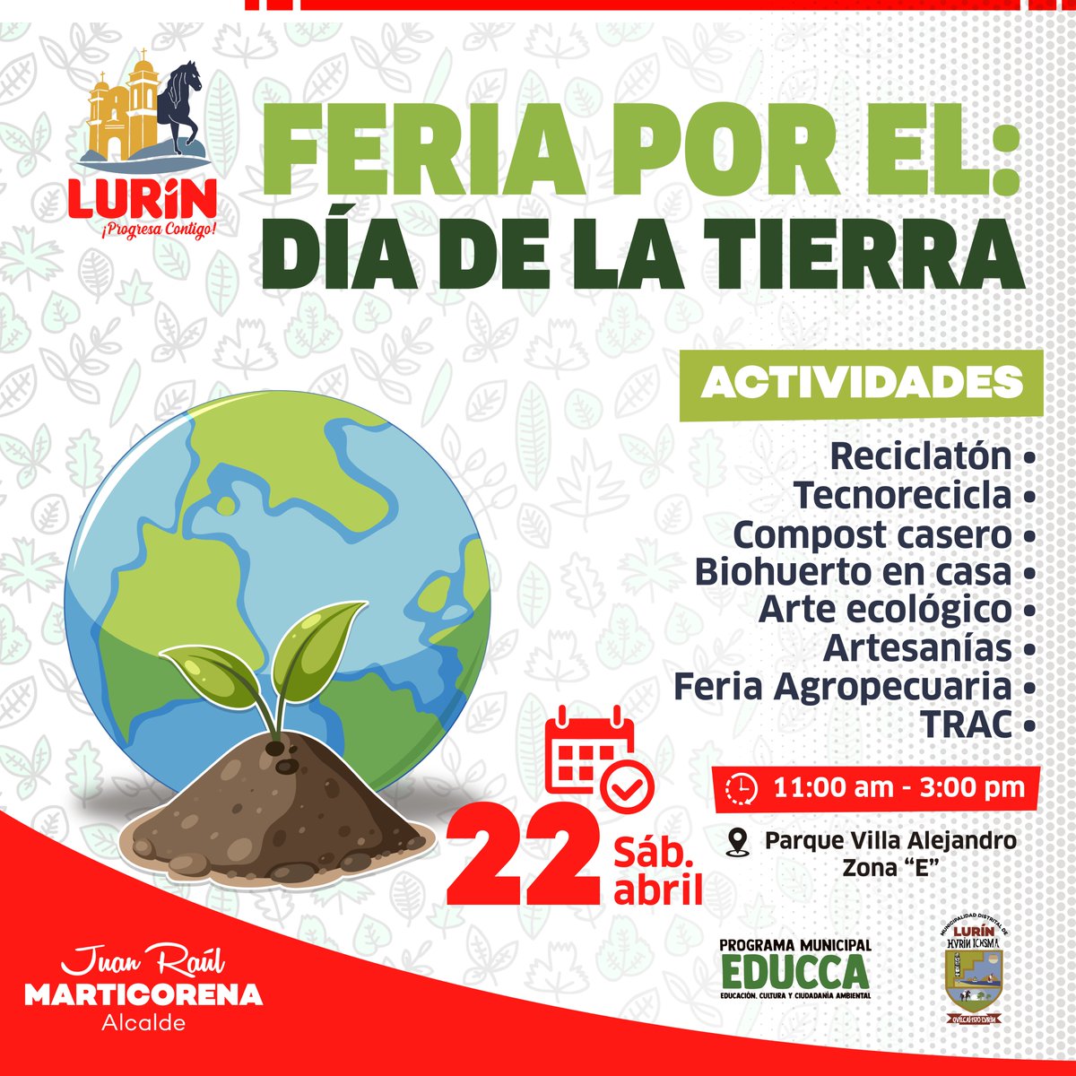 munilurin1's tweet photo. 𝐅𝐄𝐑𝐈𝐀 𝐏𝐎𝐑 𝐄𝐋 𝐃𝐈́𝐀 𝐃𝐄 𝐋𝐀 𝐓𝐈𝐄𝐑𝐑𝐀
Celebrando el cuidado de nuestra tierra, la Municipalidad de Lurín invita a todos los vecinos a participar de la "Feria por el Día de la Tierra" donde se realizará múltiples actividades
#LurínProgresaContigo https://t.co/WioovJ6WaS