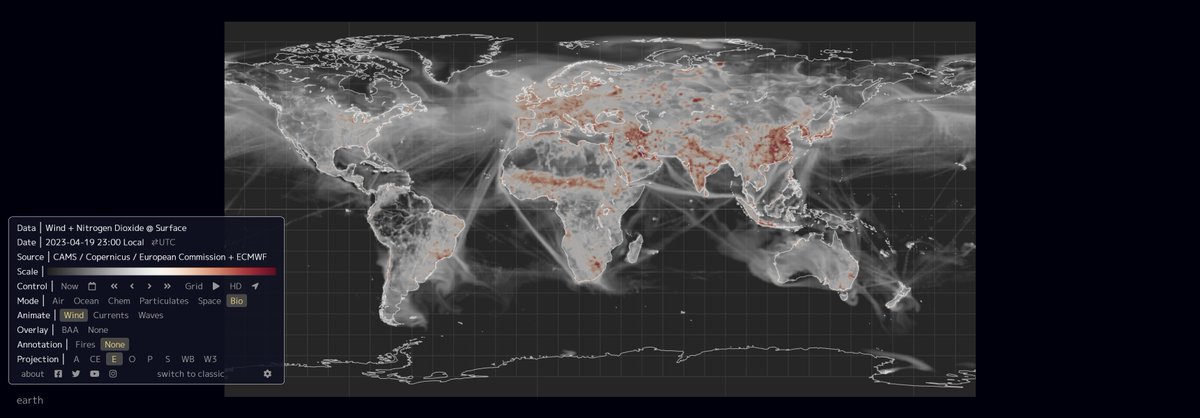 Alexander__Penn's tweet photo. While preparing a lecture, I found this fantastic real-time visualization of surface NO2 concentrations. Cannot stop playing around! https://t.co/JzGAKHWkn3 @CopernicusEU @cambecc #OpenData https://t.co/G8GqL5qyOz