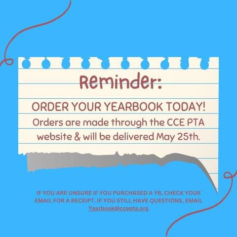 👉Reminder:
Order your yearbooks at tinyurl.com/yuzamrt
If you are unsure if you purchased at YB, check your email for a receipt. If you have questions, email Yearbook@ccepta.org
Yearbooks will be delivered May 25.