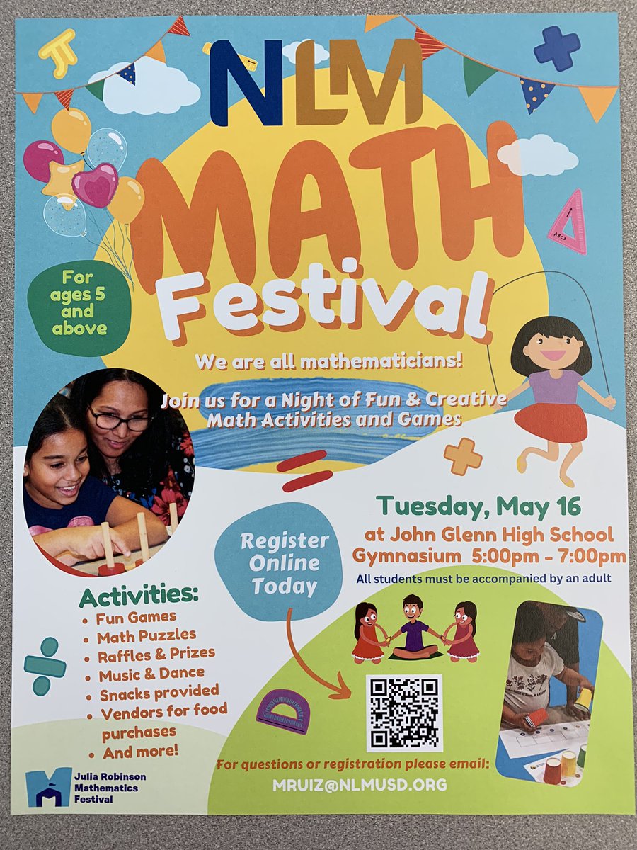 sharonstewPrin's tweet photo. Our NLM Math Festival is on May 16th. 🎉 We hope you can join us for lots of math fun! We are all mathematicians. @nlmusd @Mo_counts_on 🦅💖 https://t.co/TtcuBIhwWw