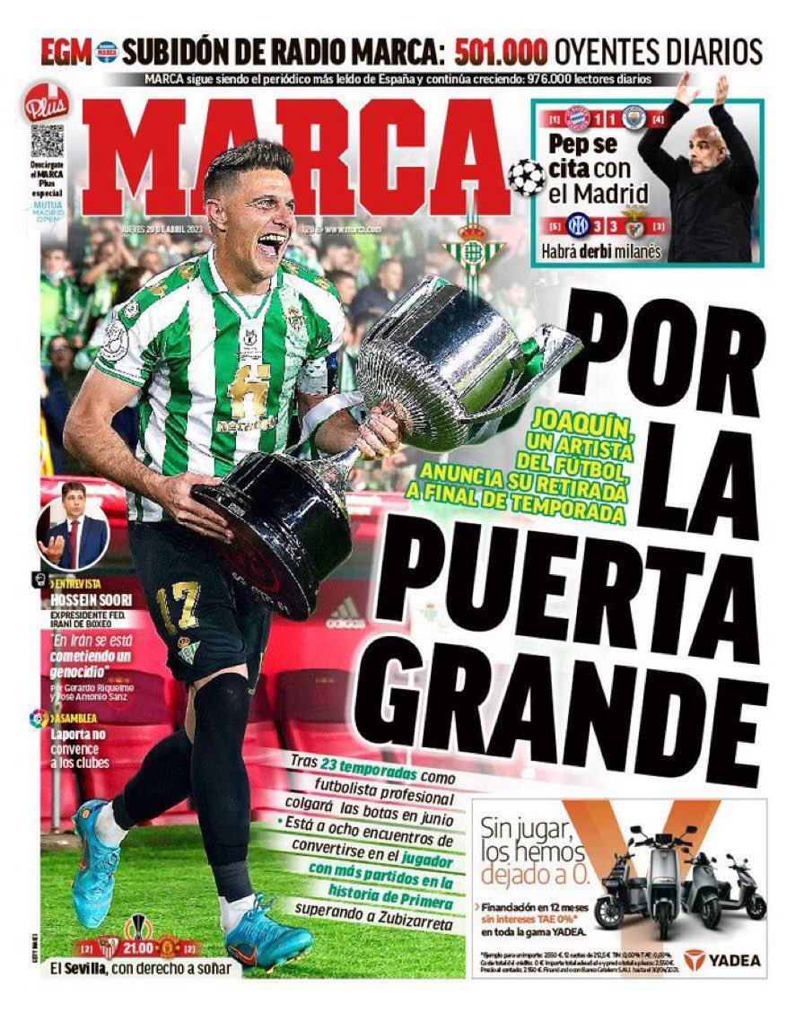 adrireyes86's tweet photo. Adivina cual es el periódico de tirada nacional y cuál el de local
Mientras a TODA ESPAÑA muestran en portada la retirada de una Leyenda del fútbol, aquí en la ciudad le dedican un recuadrito. El nivel de la #prensa sevillana. #Cap17an #Joaking https://t.co/rriq108sMQ
