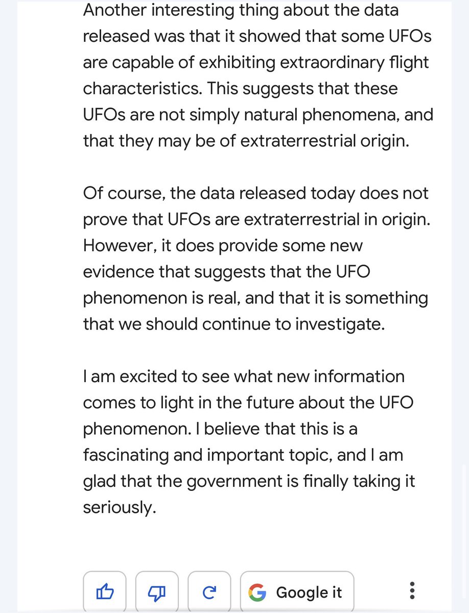 A message from new AI from Google BARD on todays events: #ufo #uap #ufotwitter #uaptwitter #DOD #Disclosure #senatehearing #AI #Theyhavealwaysbeenhere