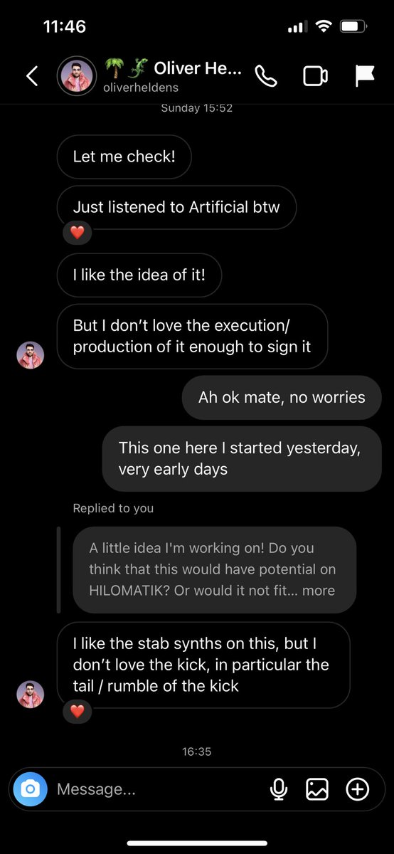 I love the feedback <a href="/OliverHeldens/">Oliver Heldens 🕺🏻🙌✨/💹🧲</a> gives me, such a humble guy! Not many artists as big as Oli would give you the time of the day, let alone regularly listen to the music you send! Appreciate this! ❤️🔥
