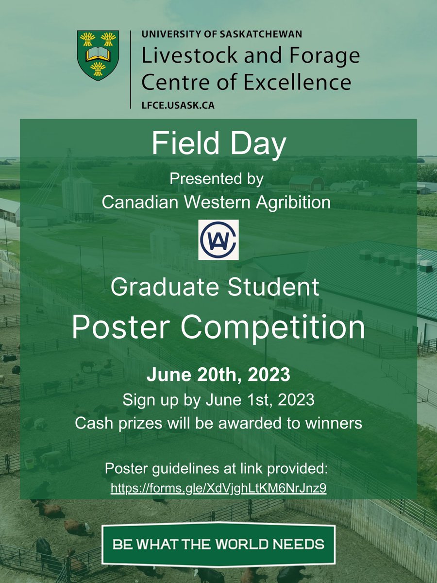 Calling all graduate students! Sign up is open for our Field Day Poster competition! Visit the link for more details! forms.gle/XdVjghLtKM6NrJ… <a href="/agbiousask/">USask AgBio</a> <a href="/usaskplsc/">USask PlantSci</a> <a href="/usask_engr/">USask College of Engineering</a> <a href="/usask/">U of Saskatchewan</a>