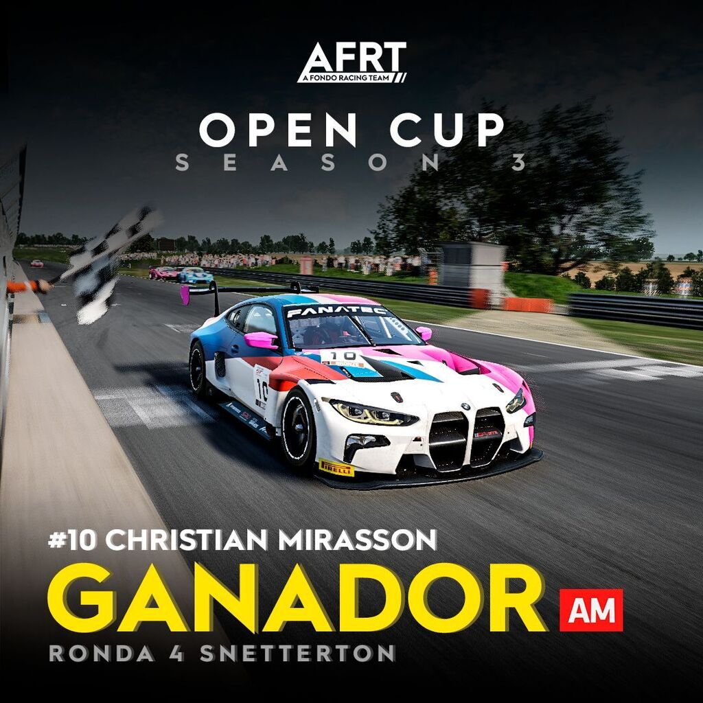 afrt_simracing's tweet photo. ¡Presentamos a los ganadores de la cuarta ronda de la AFRT Open Cup S3 en Snetterton!

En la clase AM, victoria para el nuevo campeón de la AFRT Open Cup a falta de una fecha, Christian Mirasson 🇺🇾 @arrastasta_racing !! Pole, victoria en su clase, victor… https://t.co/9UevdmuiUX https://t.co/9pJ4hOiin6