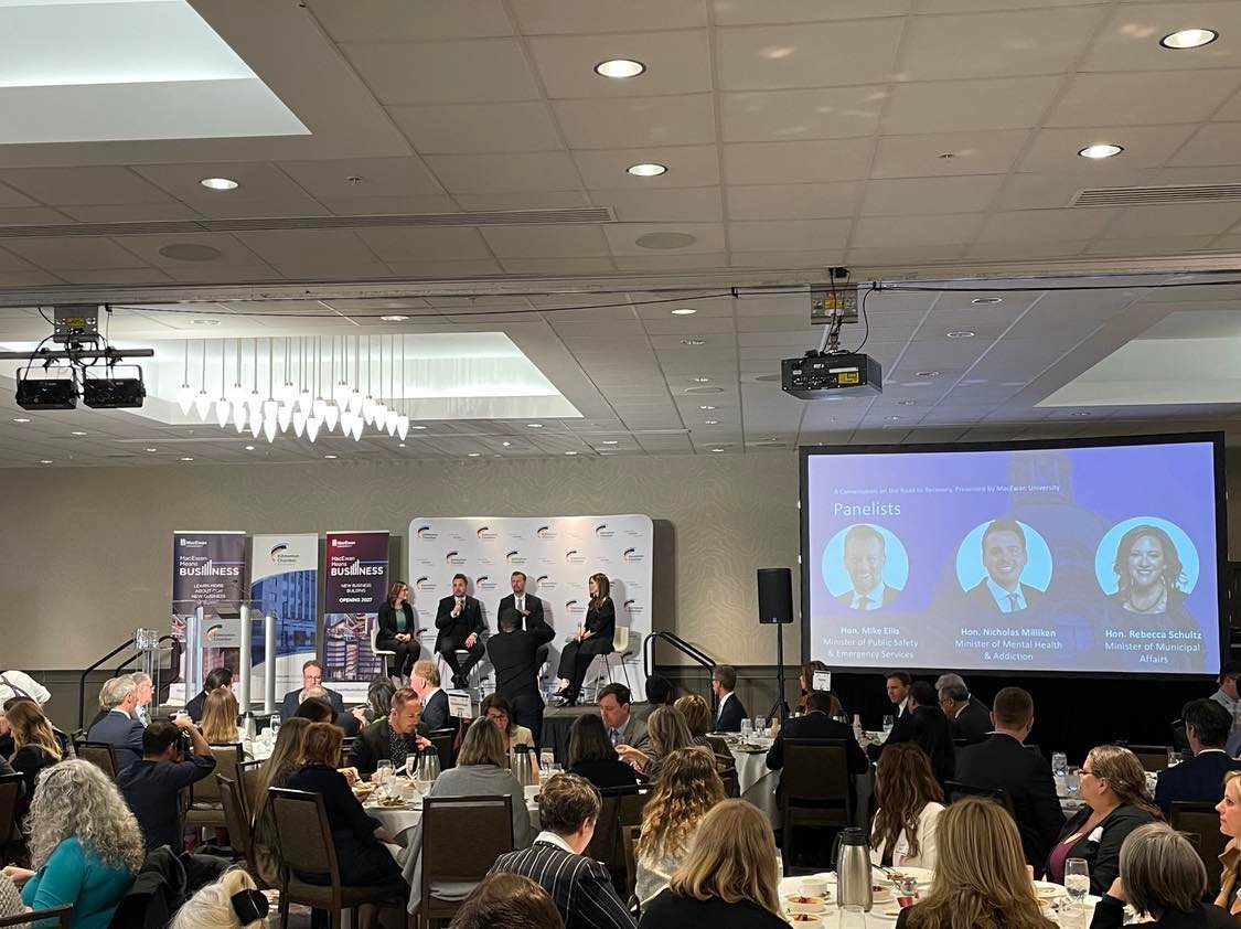 NACMilliken's tweet photo. Thank you to @EdmontonChamber and @MacEwanU for hosting today's Road to Recovery conversation. It was great to join @MikeEllisUCP and @rebeccakschulz to discuss the work we are doing to address addiction, mental health and public safety issues in Edmonton. #ableg #yeg https://t.co/0jK8DdwTDJ