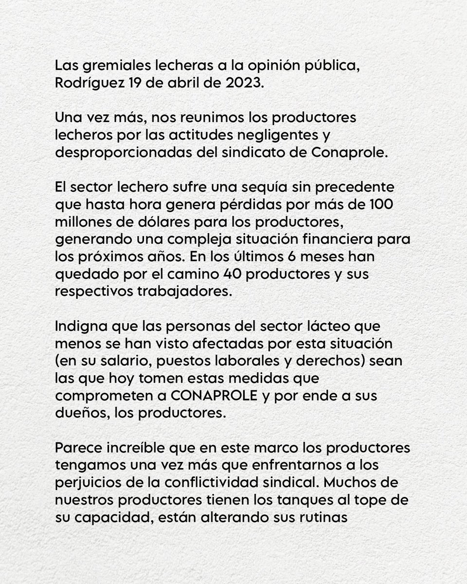 anpl_uy's tweet photo. 𝙐𝙧𝙜𝙚𝙣𝙩𝙚 🔺️ Comunicado de las gremiales lecheras a raíz del conflicto de A.O.E.C. en la planta de Villa Rodríguez: https://t.co/A9QxaXyHPf