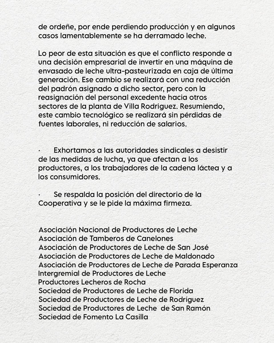anpl_uy's tweet photo. 𝙐𝙧𝙜𝙚𝙣𝙩𝙚 🔺️ Comunicado de las gremiales lecheras a raíz del conflicto de A.O.E.C. en la planta de Villa Rodríguez: https://t.co/A9QxaXyHPf