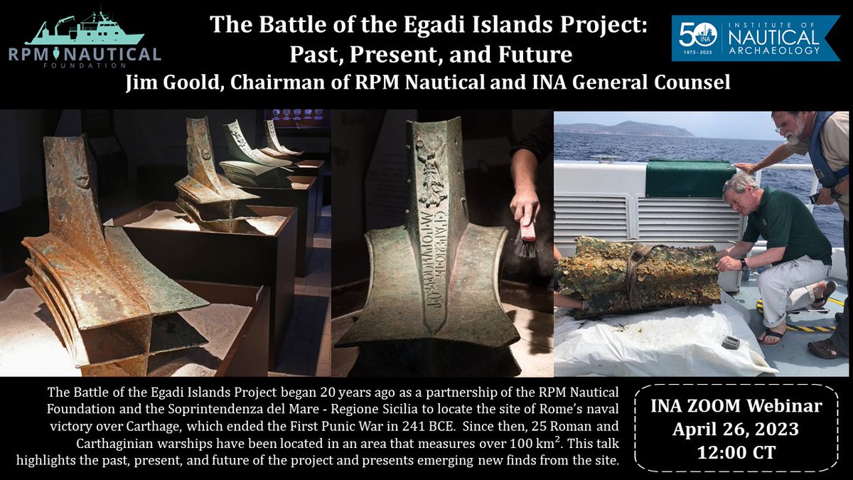 Next week our very own Jim Goold will be giving a lecture for the Institute of Nautical Archaeology (INA) on “The Battle of the Egadi Islands Project: Past, Present, and Future”. He will be joined by <a href="/SDeCasien/">Stephen DeCasien, Ph.D.</a>, a PhD candidate from the Nautical Archaeology program at Texas A&amp;M!