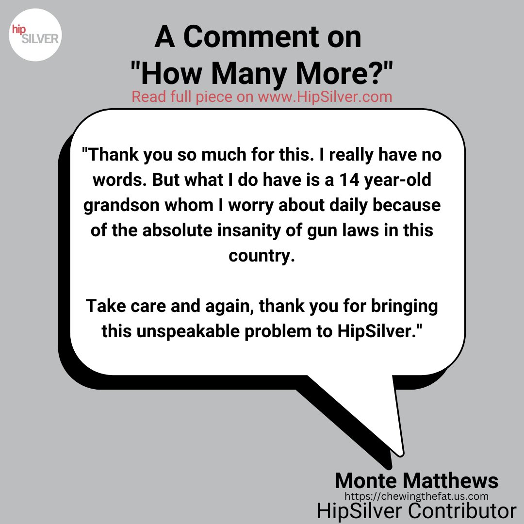 hipsilver's tweet image. HipSilver Contributor Monte Matthews comments on original HipSilver piece "How Many More?" written by MSU survivor and HipSilver intern, Hailey.

Read the full piece at hipsilver.com/blogs/communit…

Check out Monte's site at chewingthefat.us.com

#HipSilver
#stopgunviolence