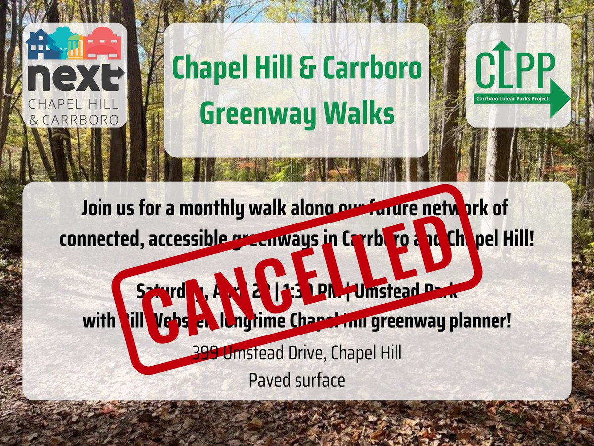 LinearParks's tweet photo. Unfortunately, due to special circumstances, our April 22 Greenway Walk with Bill Webster has been canceled. Check back in for our May Greenway Walk! https://t.co/bYO0XcWSUp