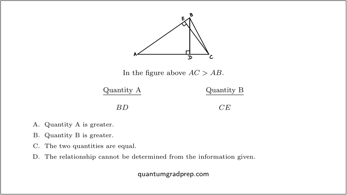 QuantumGradPrep's tweet photo. Try the following GRE quantitative comparison question on right triangles and plane geometry. https://t.co/aZlum9NyOk #gre #grequant https://t.co/xfsiZtxx1V