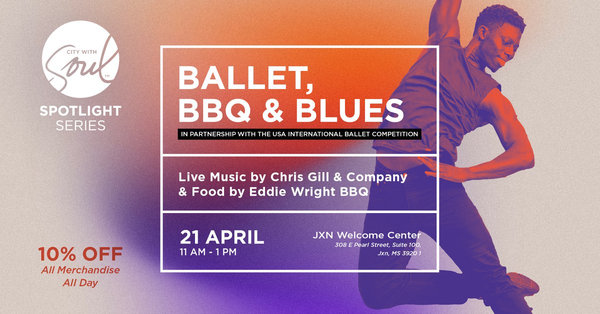 Join us Friday at the JXN Welcome Center (corner of West and Pearl) from 11 am - 1 pm for Chris Gill music, Eddie Wright BBQ and change to win tickets to the @USAIBC this June in the #CityWithSoul!  visitjackson.com/events/ballet-…