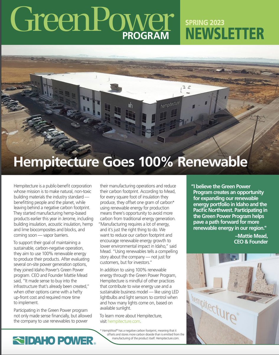 At Hempitecture, we are proud to be a #USmanufacturing facility powered by 100% #renewable energy resources. Our commitment to #sustainability is a cornerstone of our business practices from our #biobased HempWool insulation to the energy used at our factory!