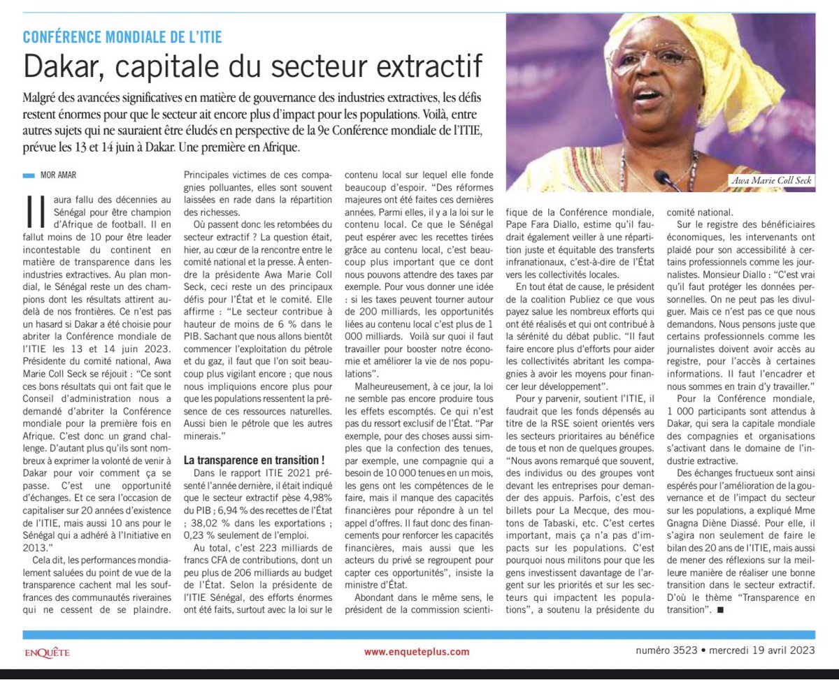 Itie_Senegal's tweet photo. Conférence mondiale @EITIorg  
Dakar, capitale du secteur extractif, les 13 et 14 juin 2023. @jsaman86 @enquete_plus @AwaMCollSeck @diawara_marieme @badara_paye @MpeSenegal @Minesgeo_SN @MinistredelaJu5 https://t.co/sU74wL3E5m