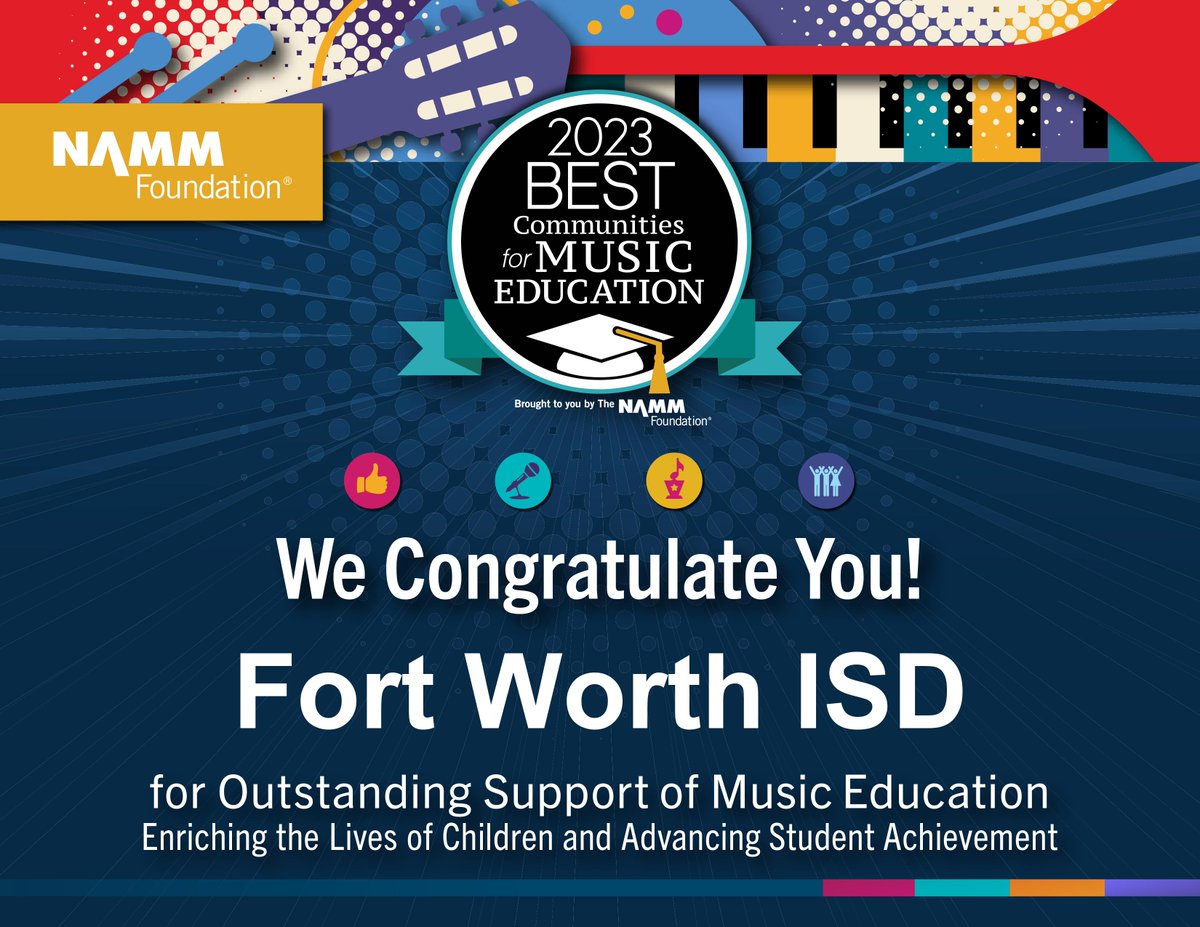 Excited to announce that <a href="/FortWorthISD/">Fort Worth Independent School District</a> has been named a #BestCommunitiesforMusicEducation from @nammfoundation for its outstanding commitment to music education! #9yearsinarow <a href="/amramsey13/">Angelica Ramsey, Ed.D.</a> <a href="/MarceySorensen/">Marcey Sorensen</a> @christinamavila  <a href="/CannonJesse2/">Jesse J. Cannon II</a>  <a href="/dickclardy/">Dick Clardy</a> <a href="/JenMartinOrch/">Jennifer Martin</a> <a href="/ThackMusic_FW/">Elizabeth Thacker</a>