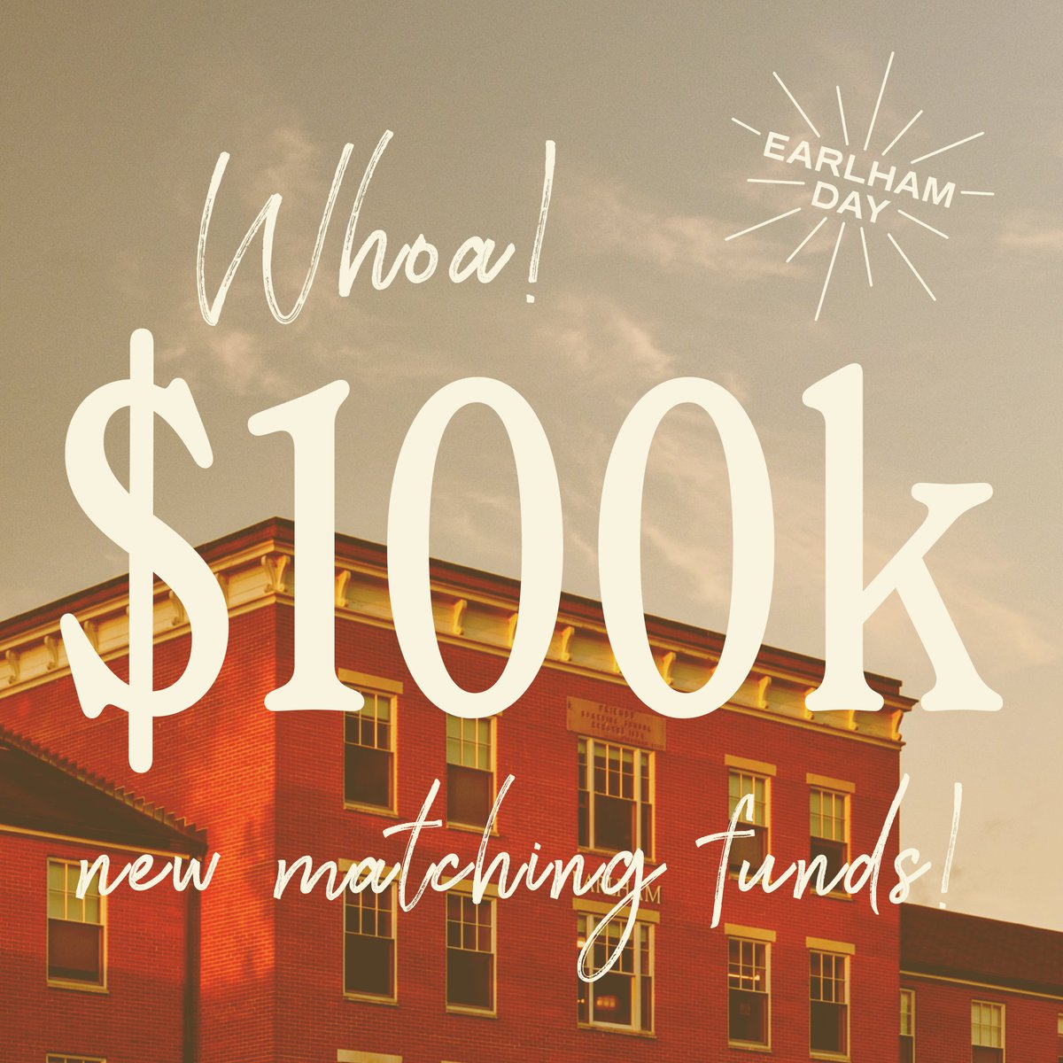Thanks to an anonymous donor, another $100k is available to unlock on Earlham Day! For the next 500 donors who have yet to give this Earlham Day, a gift of any size will unlock a unique $400 match! #EarlhamDay #ForGood

❤️ Make your gift: givecampus.com/e3bp0m
