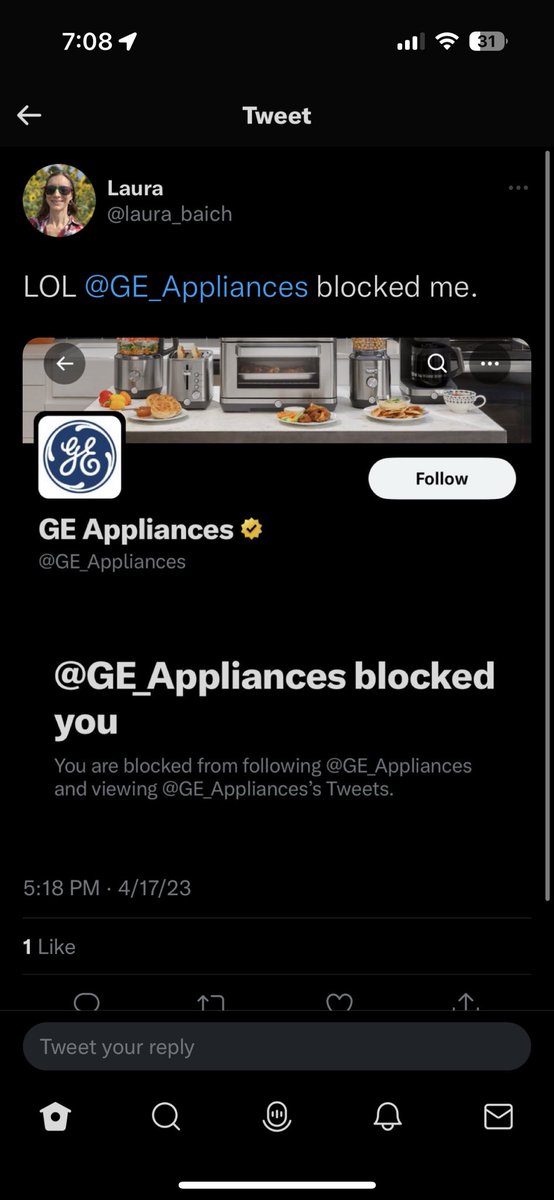 Honestly wild to me that <a href="/GE_Appliances/">GE Appliances</a> response to a justifiably angry customers complaints is to just block them 🤡🤡🤡 Like just give Laura her money back- Y’all can afford it with all the people you’ve sold bad appliances to!