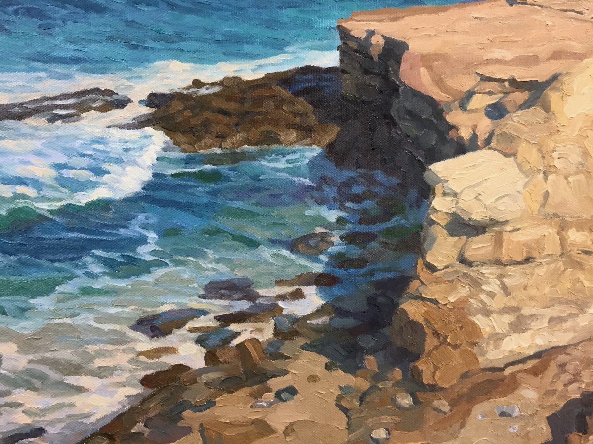 Close-up of work in progress. My new painting of Rocky Point in La Jolla. brianbelfield.com #wip #rockypoint #lajolla #cliffs #coast #pacificocean #sandiego