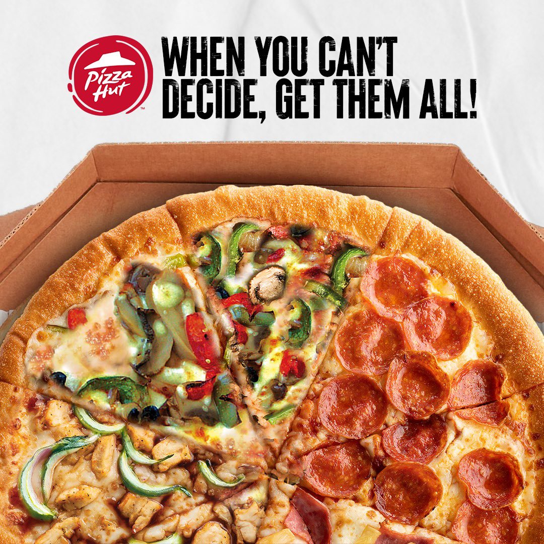 PizzaHutJm's tweet photo. When you can’t decide, just get them all!!! 😋🍕
Order yours today for call & collect or delivery at 876-755-4HUT or 876-676-0280 or 876-853-2524.
#Pizzahut #PizzaHutJa #Pizza #FortheLoveofPizza #DeliciouslyFantastic #Amazing4 #Hawaiian #Vegetarian #Pepperoni #BBQChicken https://t.co/otbVEVKLva
