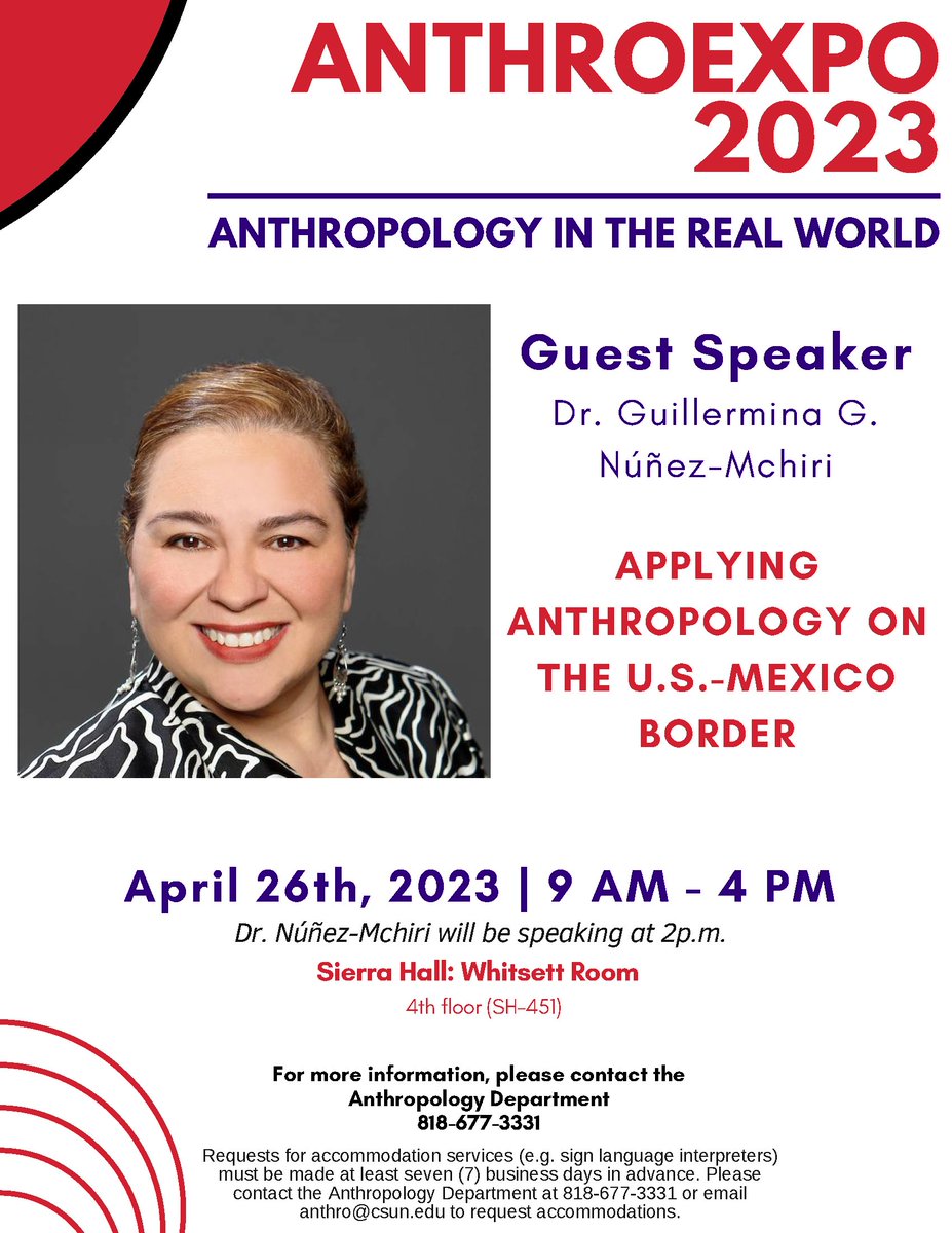 AnthroCSUN's tweet photo. We're excited to announce that Dr. Guillermina G. Núñez-Mchiri will be speaking at #AnthroExpo2023 on Wednesday, April 26th, 2023! AnthroExpo will be held from 9am-4pm in the Whitsett Room on the 4th floor of Sierra Hall, Room 451. See you there! #CSUN #Anthropology #CSUNAnthro https://t.co/iWp5oOj4FG