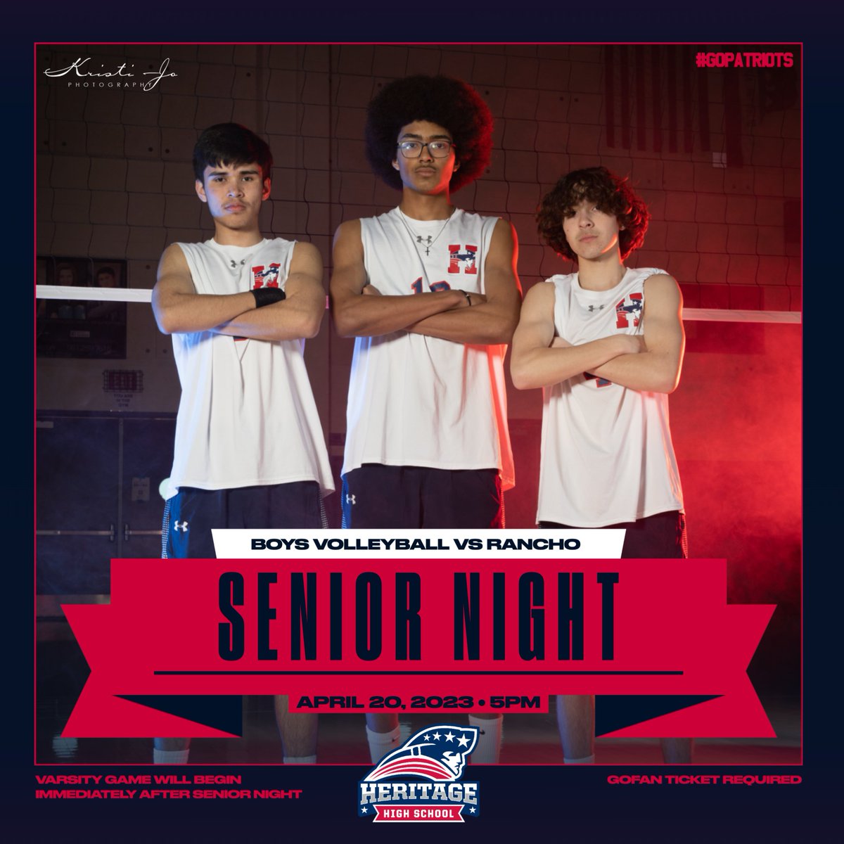 Our Boys Volleyball team takes on Rancho Verde for their Senior Night &amp; last regular season game!
Come dressed in Patriot Gear: shirt, jersey, or sweater and get in free!
JV: 3:45, Senior Night: 5pm, Varsity Game immediately afterwards