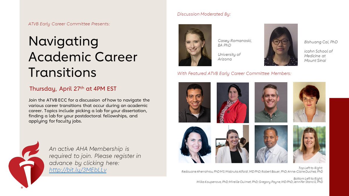 Please join us on Thursday, April 27th @4PM EST, for a webinar featuring @ATVBEarlyCareer on: 'Navigating Academic Career Transitions' Moderated by @UAromLab @BishuangC Free to all AHA members, @AHAScience @ATVBCouncil @American_Heart To Register: bit.ly/3MEbLLv