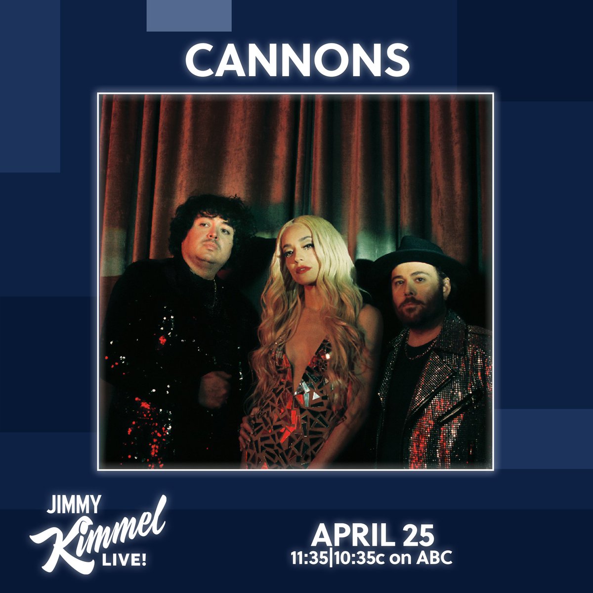 cannonstheband's tweet image. Watch us on @JimmyKimmelLive 4/25 11:35pm est / 10:35pm c and again at 11:35pm pst on ABC! PS: If you’d like to join us for the performance click the link here: 1iota.com/fanbase/view/1… #KIMMEL