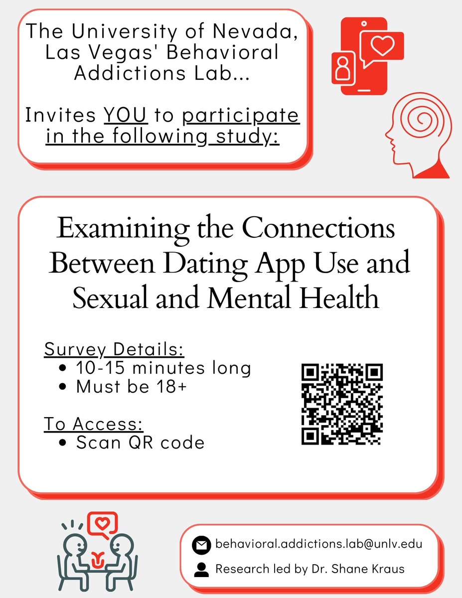 Hello All! Please consider taking our new survey aimed at evaluating possible connections between dating app use and sexual and mental health. Retweets appreciated! You can access the survey by using the QR code below or this link: unlv.co1.qualtrics.com/jfe/form/SV_3r…