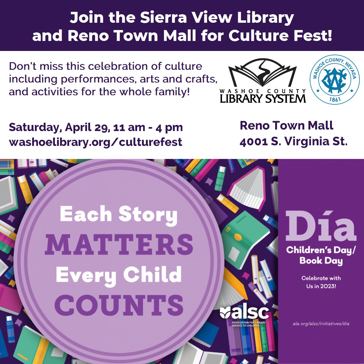 WashoeLibrary's tweet photo. You're invited to join the #SierraViewLibrary and #RenoTownMall for #CultureFest, a day of performances and activities in celebration of Children's Day/Book Day! The fun happens on Saturday, April 29, from 11 am-4 pm at the Reno Town Mall. Learn more at https://t.co/5FmDUWtZvD. https://t.co/8NGbq9IdM2