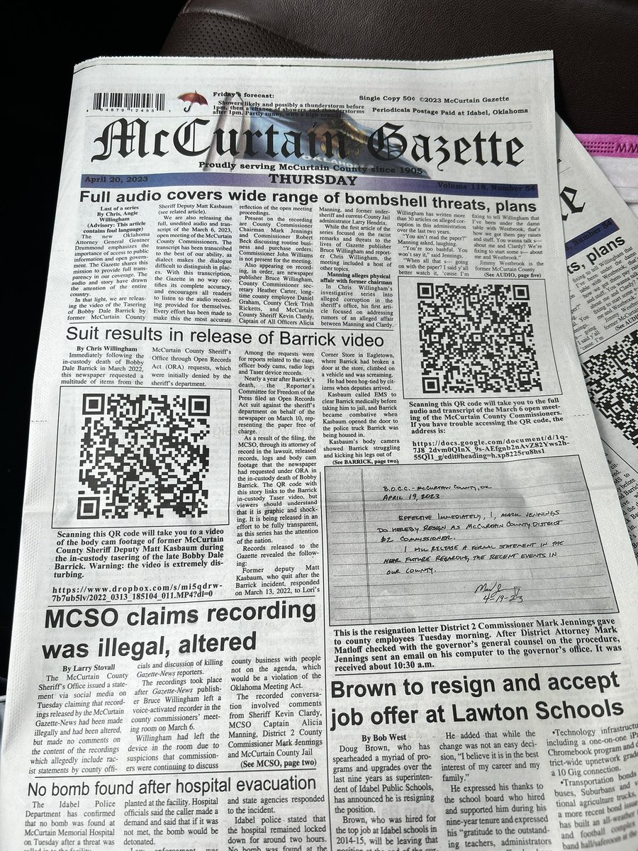 Erin_Christy's tweet photo. BREAKING: McCurtain County Gazette releases two more articles, including a QR code to body camera footage in the death of Bobby Barrick as well as full three hour audio of meeting that resulted in calls for resignation. https://t.co/2oAvwaAhTf