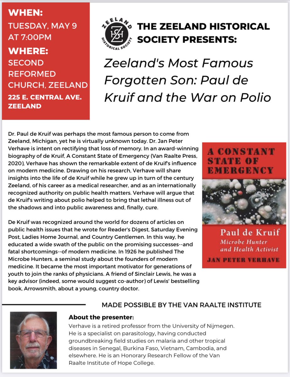 ZeelandHistoric's tweet photo. Our program on May 9, “Zeeland’s Most Famous Forgotten Son: Paul de Kruif and the War on Polio,” will be one not to miss! Be sure to reserve the date on your calendar 📅 and RT. See all the details below ⬇️. #muZEEum https://t.co/ymqiF8tlLA